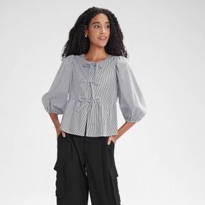 a new day Balloon Sleeve Black and White Striped Tie Front Blouse XXL *NWT*